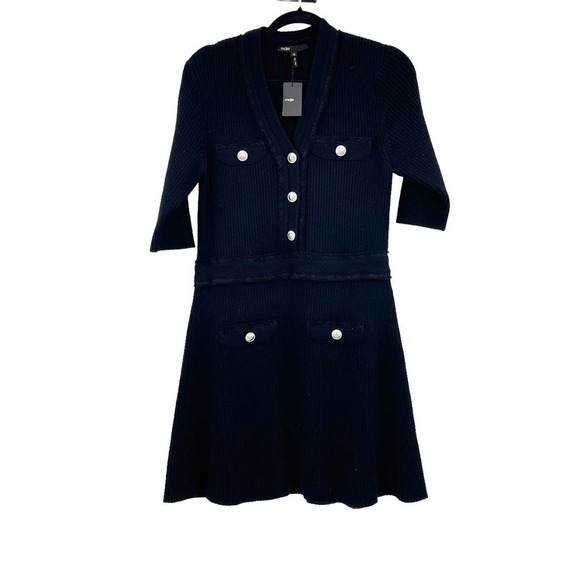 Maje Rimosala Rib-Knit Mini Dress Banded waist Black Size 8 NWT - Picture 5 of 10